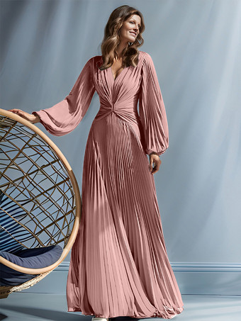 ピンクパーティードレス 花嫁の母用 Vネック 長袖 Aライン プリーツ マキシレングス ゲストドレス 結婚式用