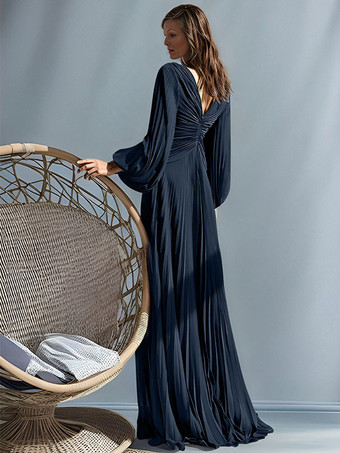 パーティードレス 花嫁の母用 Vネック 長袖 Aライン プリーツ マキシレングス ゲストドレス 結婚式用