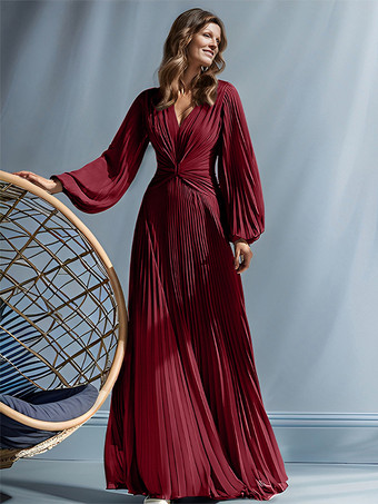 バーガンディーパーティードレス 花嫁の母用 Vネック 長袖 Aライン プリーツ マキシレングス ゲストドレス 結婚式用