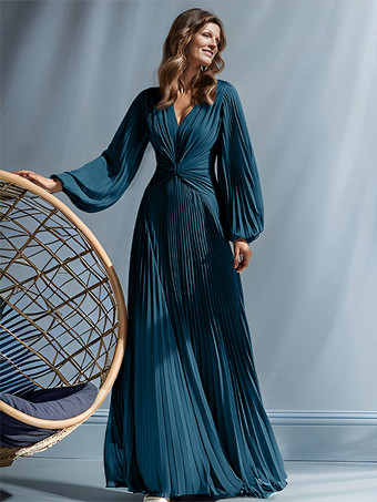 ティールパーティードレス 花嫁の母用 Vネック 長袖 Aライン プリーツ マキシレングス ゲストドレス 結婚式用