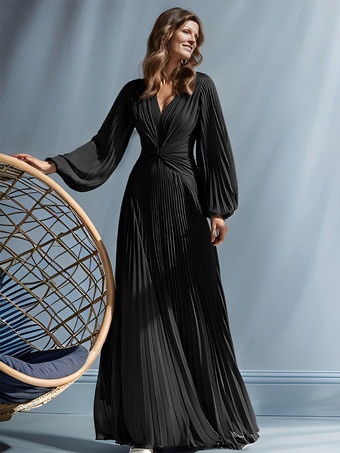 ブラックパーティードレス 花嫁の母用 Vネック 長袖 Aライン プリーツ マキシレングス ゲストドレス 結婚式用