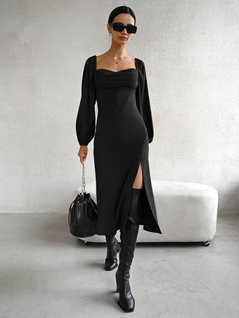 ブラック セクシーなスリットドレス スクエアネック レースアップ バックレス 誕生日パーティー プロム ミディドレス