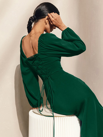 セクシーなスリットドレス スクエアネック レースアップ バックレス 誕生日パーティー プロム ミディドレス