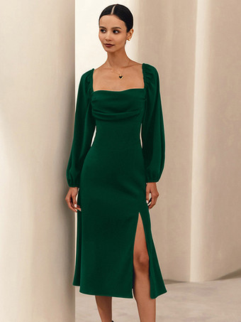 グリーン セクシーなスリットドレス スクエアネック レースアップ バックレス 誕生日パーティー プロム ミディドレス