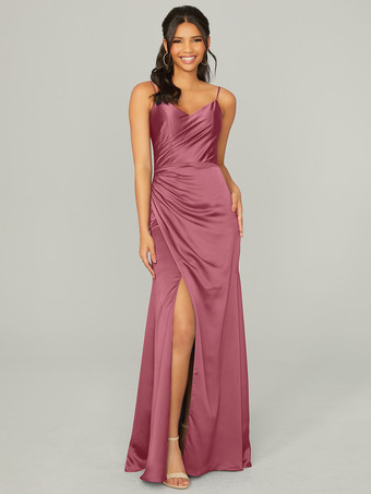 Rosa FucsiaAbito da damigella d'onore tubino abito da cerimonia nuziale in tessuto di raso con cerniera fino al pavimento