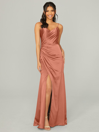 Rosa chiaroAbito da damigella d'onore tubino abito da cerimonia nuziale in tessuto di raso con cerniera fino al pavimento