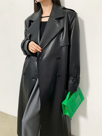 PUレザーコート ノッチドラペル シングルブレスト ベルト付き 冬用フルレングスコート