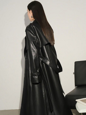 PUレザーコート ノッチドラペル シングルブレスト ベルト付き 冬用フルレングスコート