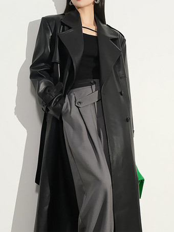 PUレザーコート ノッチドラペル シングルブレスト ベルト付き 冬用フルレングスコート