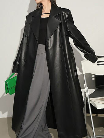 PUレザーコート ノッチドラペル シングルブレスト ベルト付き 冬用フルレングスコート