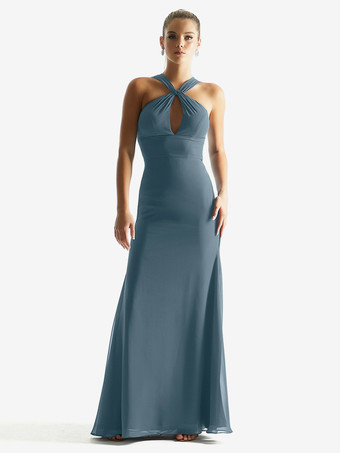 Blue GrayBridesmaid Dresses Sheath Floor-Length Zipper Chiffon Formal Gowns