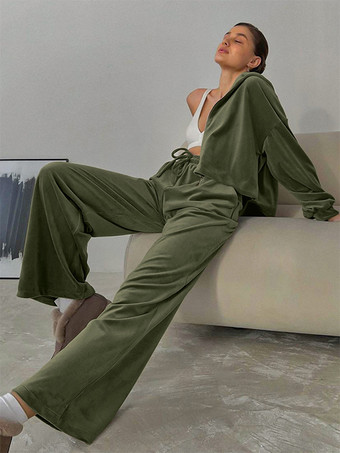 Lounge Set Hooded Top And Wide Leg Bottom 2 Pieces Set