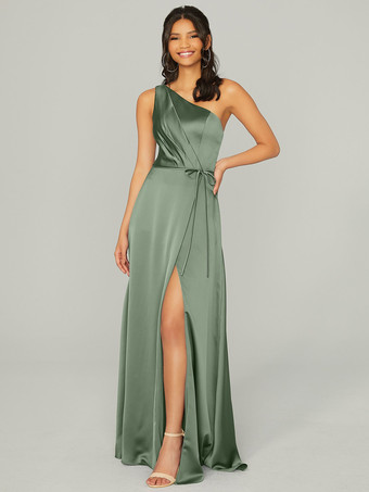 セージグリーンブライドメイドドレス サテン生地 Aライン マキシレングス ウェディングパーティードレス