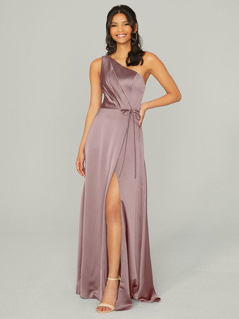 ラベンダーブライドメイドドレス サテン生地 Aライン マキシレングス ウェディングパーティードレス