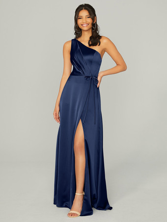 ダークネイビーブライドメイドドレス サテン生地 Aライン マキシレングス ウェディングパーティードレス