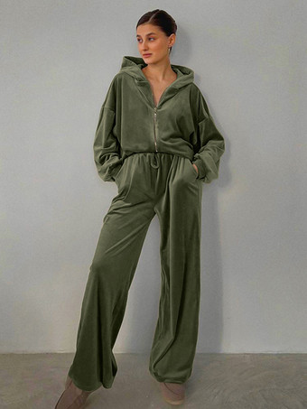 Green Lounge Set Hooded Top And Wide Leg Bottom 2 Pieces Set