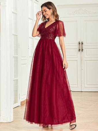 Vネック マキシドレス スパンコール ボディス バタフライスリーブ プロムドレス