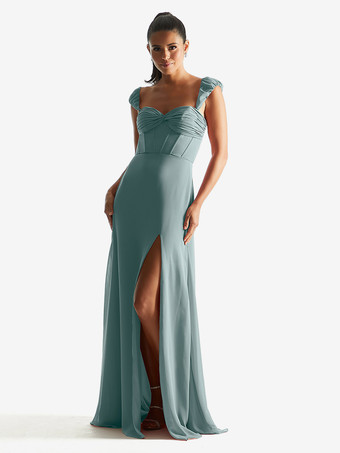 スレートグレー ブライズメイド ドレス シース床長さのジッパー シフォン フォーマル ガウン