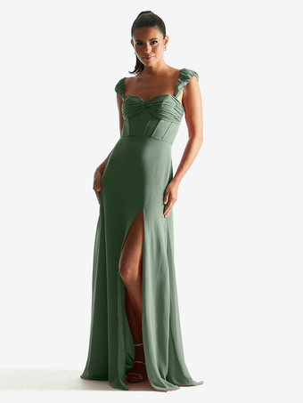 セージグリーンブライズメイド ドレス シース床長さのジッパー シフォン フォーマル ガウン