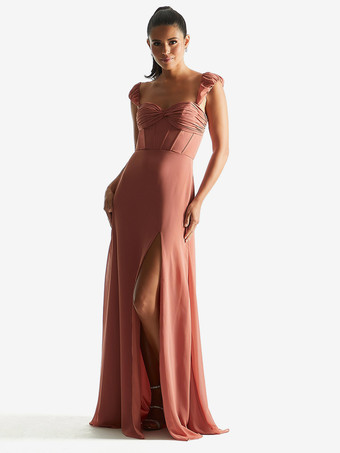 ダークピンクブライズメイド ドレス シース床長さのジッパー シフォン フォーマル ガウン