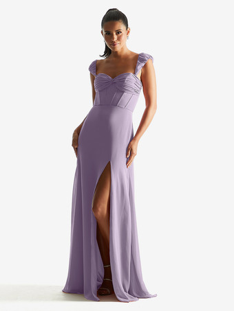 ライラックブライズメイド ドレス シース床長さのジッパー シフォン フォーマル ガウン