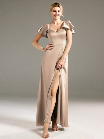 Vestidos de dama de honor Corte A Hasta el suelo Sin espalda Vestido de fiesta de boda de tela satinada