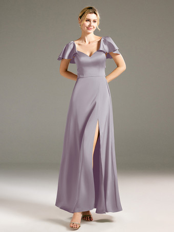 LavandaVestidos de dama de honor Corte A Hasta el suelo Sin espalda Vestido de fiesta de boda de tela satinada