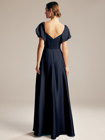 ブライドメイドドレス Aライン マキシレングス ジッパー サテン生地 プロムドレス