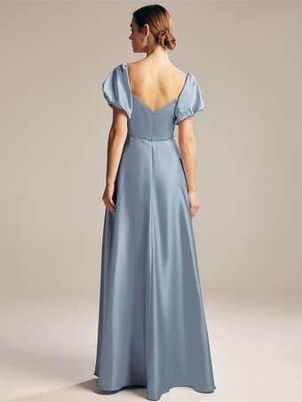 ブライドメイドドレス Aライン マキシレングス ジッパー サテン生地 プロムドレス