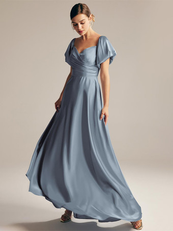 スレートグレー ブライドメイドドレス Aライン マキシレングス ジッパー サテン生地 プロムドレス