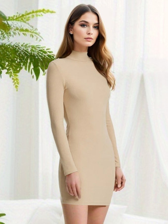 ニット ボディコン ドレス モックネック 長袖 カジュアル シース ミニドレス