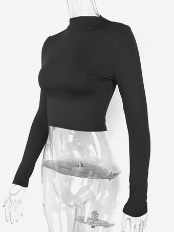 ミニナリスト レイヤリング トップ 長袖 ソリッド カラー クロップ アンダーシャツ ワインレッド