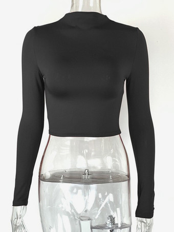 ミニナリスト レイヤリング トップ 長袖 ソリッド カラー クロップ アンダーシャツ ワインレッド