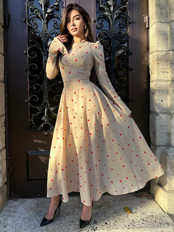 アイボリー ミニ トライアングル プリント ドレス ラウンドネック 長袖 カジュアル マキシ ドレス