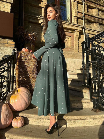 ミニ トライアングル プリント ドレス ラウンドネック 長袖 カジュアル マキシ ドレス