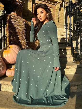 ミニ トライアングル プリント ドレス ラウンドネック 長袖 カジュアル マキシ ドレス