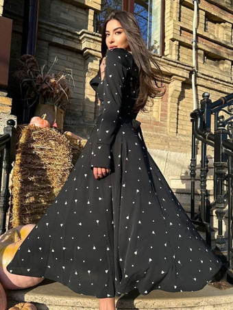 ミニ トライアングル プリント ドレス ラウンドネック 長袖 カジュアル マキシ ドレス