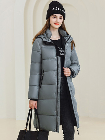 グレイ延縄オーバーコート品質フード付きジップアップ長袖冬アウター