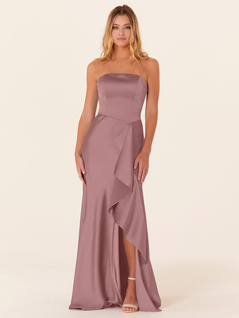 ラベンダーブライドメイドドレス Aライン マキシレングス ジッパー サテン生地 プロムドレス