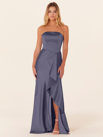 スレートグレー ブライドメイドドレス Aライン マキシレングス ジッパー サテン生地 プロムドレス