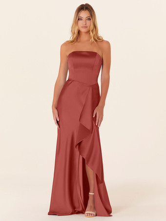 ブリックレッドブライドメイドドレス Aライン マキシレングス ジッパー サテン生地 プロムドレス