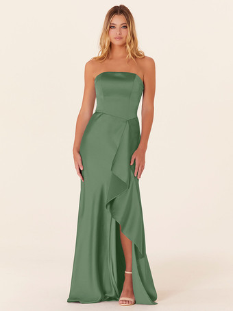 アボカドグリーンブライドメイドドレス Aライン マキシレングス ジッパー サテン生地 プロムドレス