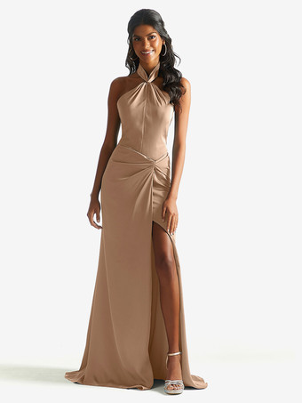 シャンパンブライドメイドドレス サテン生地 シース マキシレングス ウェディングパーティードレス