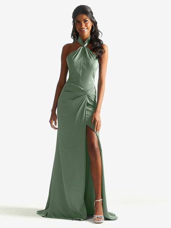 セージグリーンブライドメイドドレス サテン生地 シース マキシレングス ウェディングパーティードレス