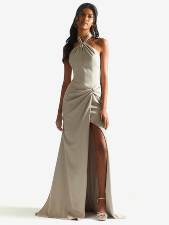 アイボリー ブライドメイドドレス サテン生地 シース マキシレングス ウェディングパーティードレス