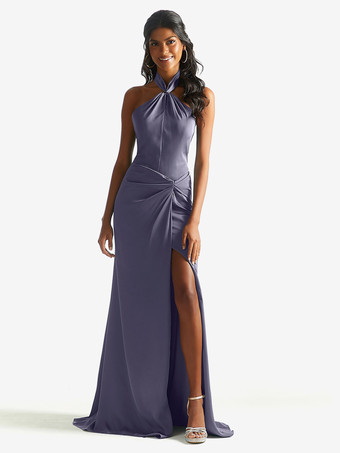 バイオレットブライドメイドドレス サテン生地 シース マキシレングス ウェディングパーティードレス