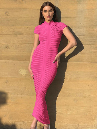 ローズレッドシースルー ボディコンドレス 半袖 シャーリング ナイトアウト マキシドレス