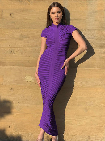 パープル シースルー ボディコンドレス 半袖 シャーリング ナイトアウト マキシドレス
