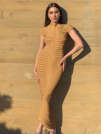 ラクダ色 シースルー ボディコンドレス 半袖 シャーリング ナイトアウト マキシドレス