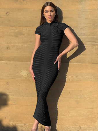 ブラック シースルー ボディコンドレス 半袖 シャーリング ナイトアウト マキシドレス